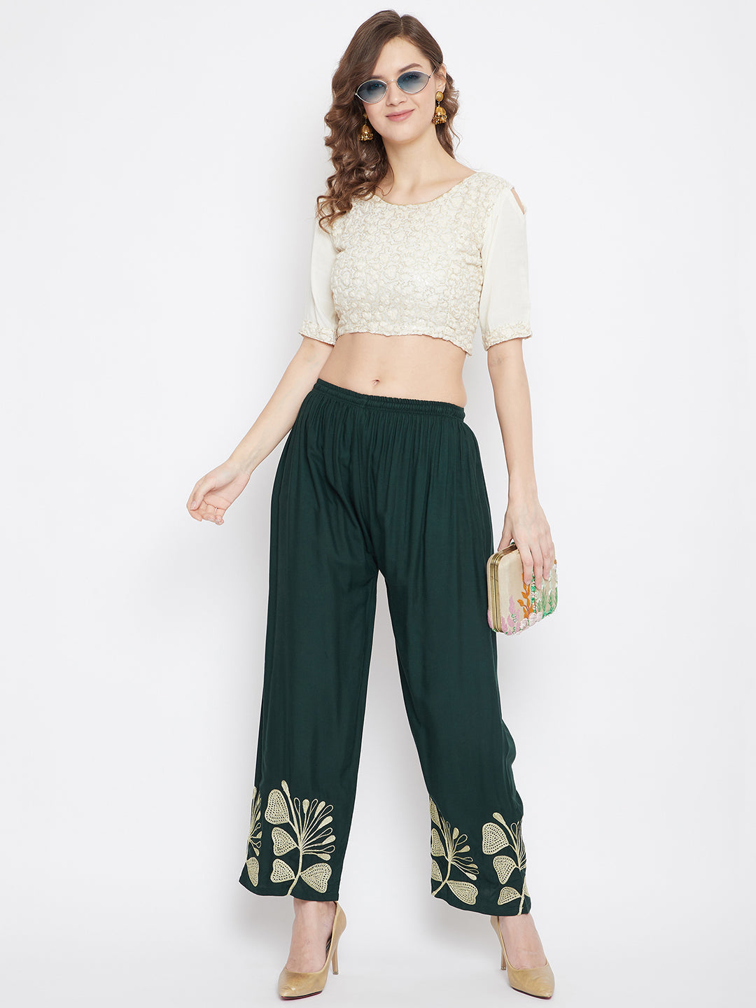 Bottle Green Hem Design Straight Palazzo with floral embroidery.