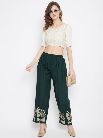 Bottle Green Hem Design Straight Palazzo with floral embroidery.