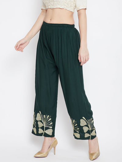 Bottle Green Hem Design Straight Palazzo with floral pattern.