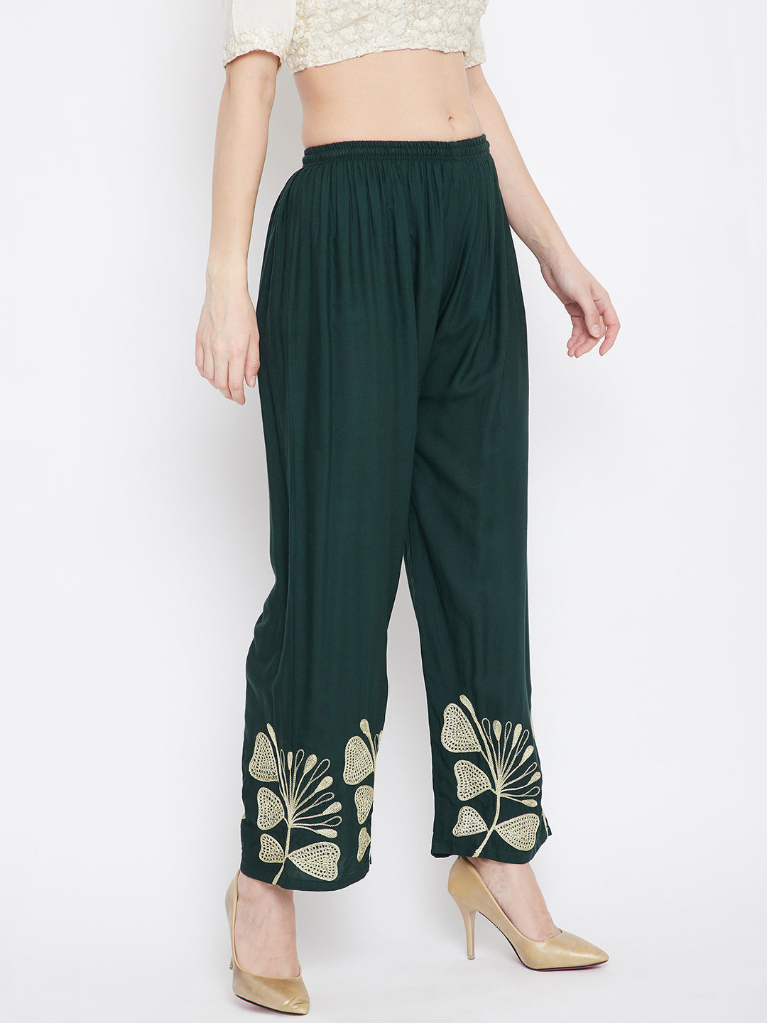 Bottle Green Hem Design Straight Palazzo with floral motif.