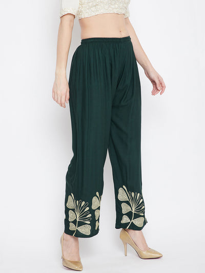 Bottle Green Hem Design Straight Palazzo with floral motif.
