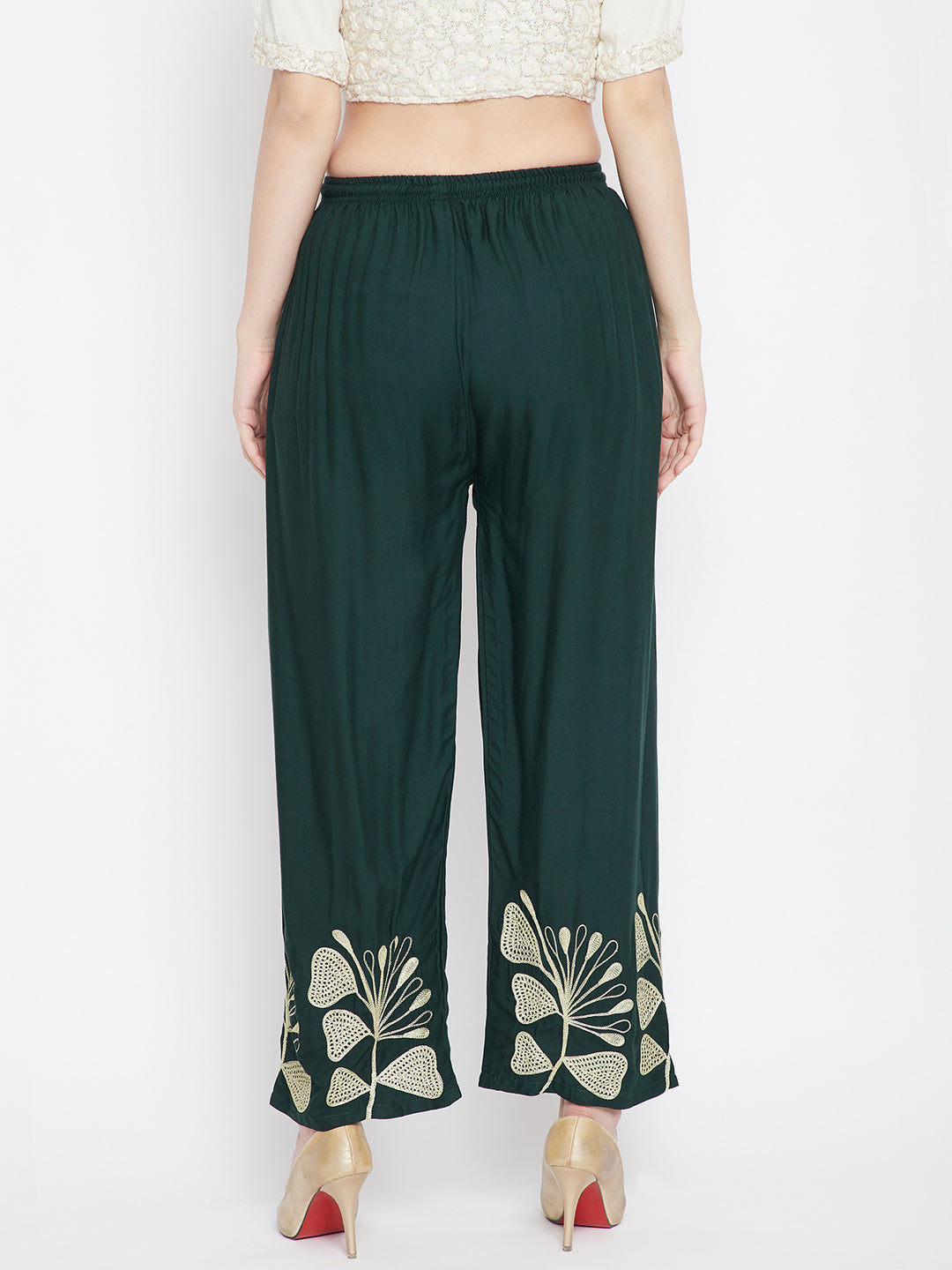 Bottle Green Rayon Palazzo with Hem Design