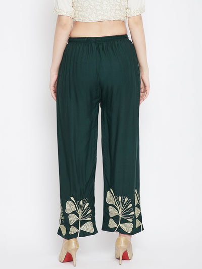 Bottle Green Rayon Palazzo with Hem Design