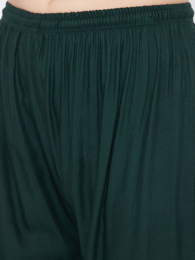 Bottle Green Hem Design Straight Palazzo made of lightweight rayon fabric.