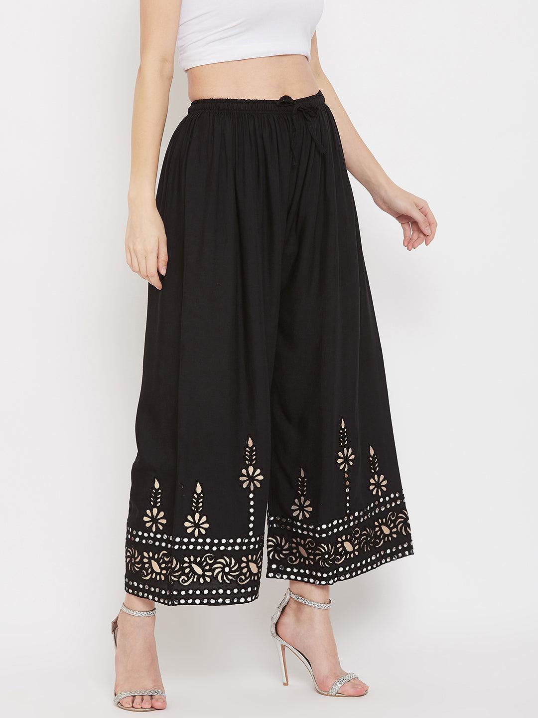 Clora Black Wide Leg Hem Design Palazzo