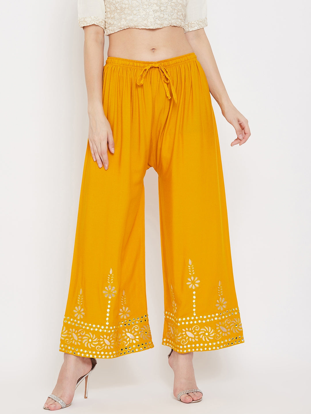 Mustard wide leg hem design palazzo with a lightweight and comfortable fit.