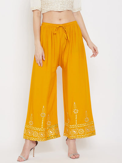 Mustard wide leg hem design palazzo with a lightweight and comfortable fit.