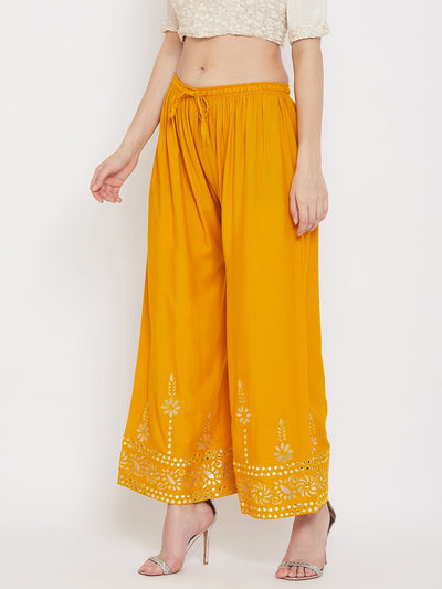Mustard wide leg hem design palazzo with floral patterns, lightweight and comfortable.