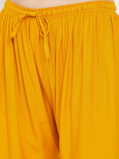 Mustard wide leg hem design palazzo, lightweight and comfortable rayon.