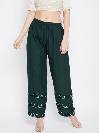 Bottle Green Straight Hem Design Palazzo, Rayon, lightweight, comfortable.