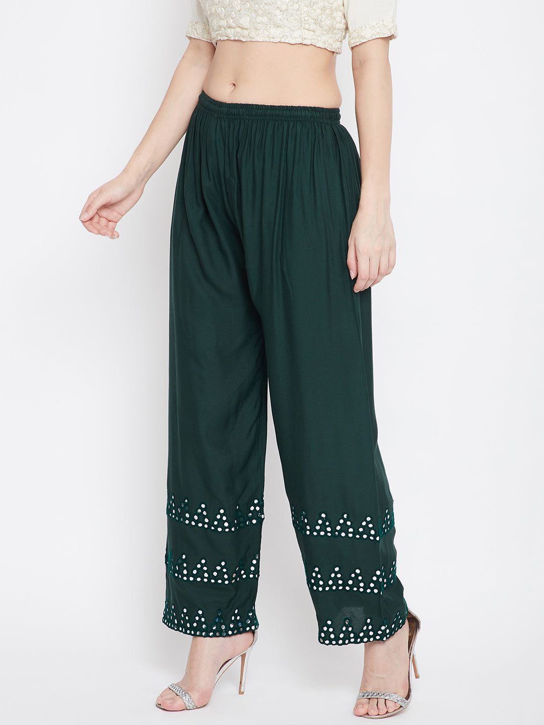 Bottle Green Straight Hem Design Palazzo, lightweight and comfortable rayon fabric.