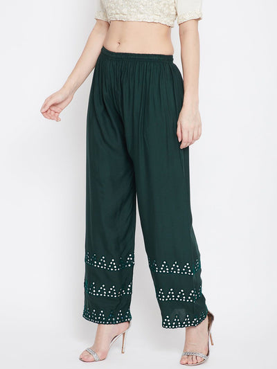 Bottle Green Straight Hem Design Palazzo, lightweight and comfortable rayon fabric.