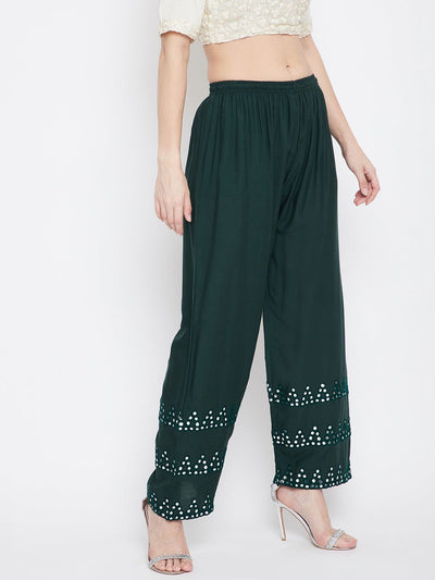 Bottle Green Rayon Palazzo with Straight Hem Design, comfortable and lightweight.
