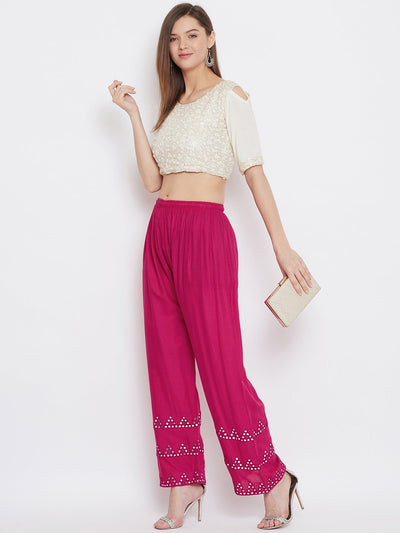 Magenta straight hem design palazzo in rayon fabric.