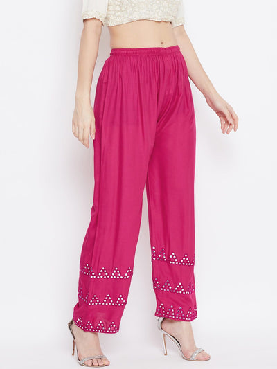 Magenta straight hem design palazzo with decorative patterns.