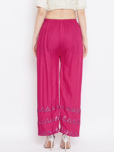 Magenta straight hem design palazzo in lightweight rayon fabric.