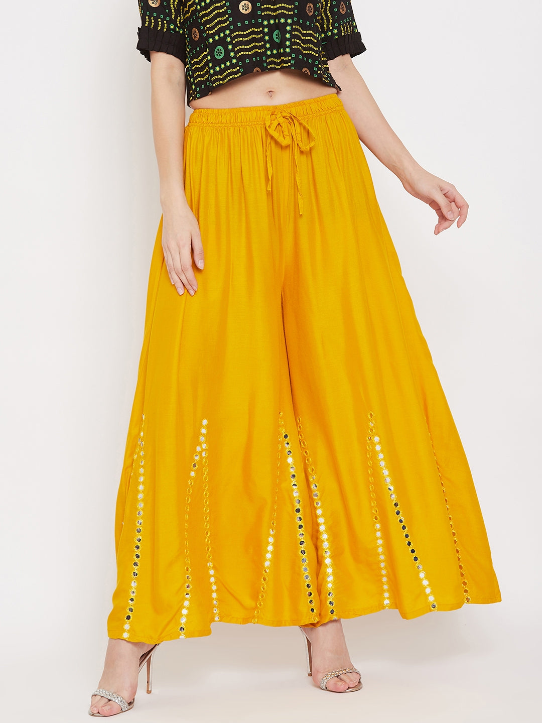 Mustard flared embellished sharara with lightweight rayon fabric.