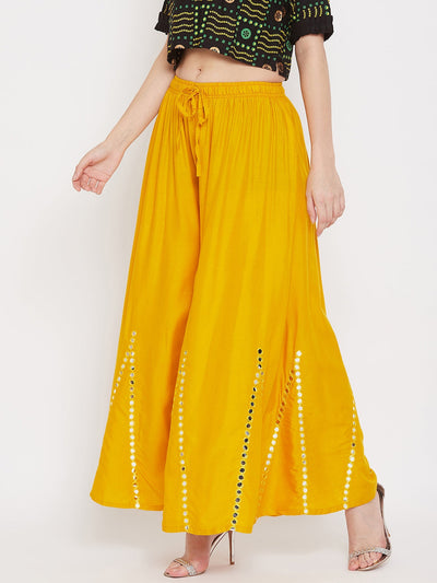 Mustard flared embellished sharara in lightweight rayon with sequin details.