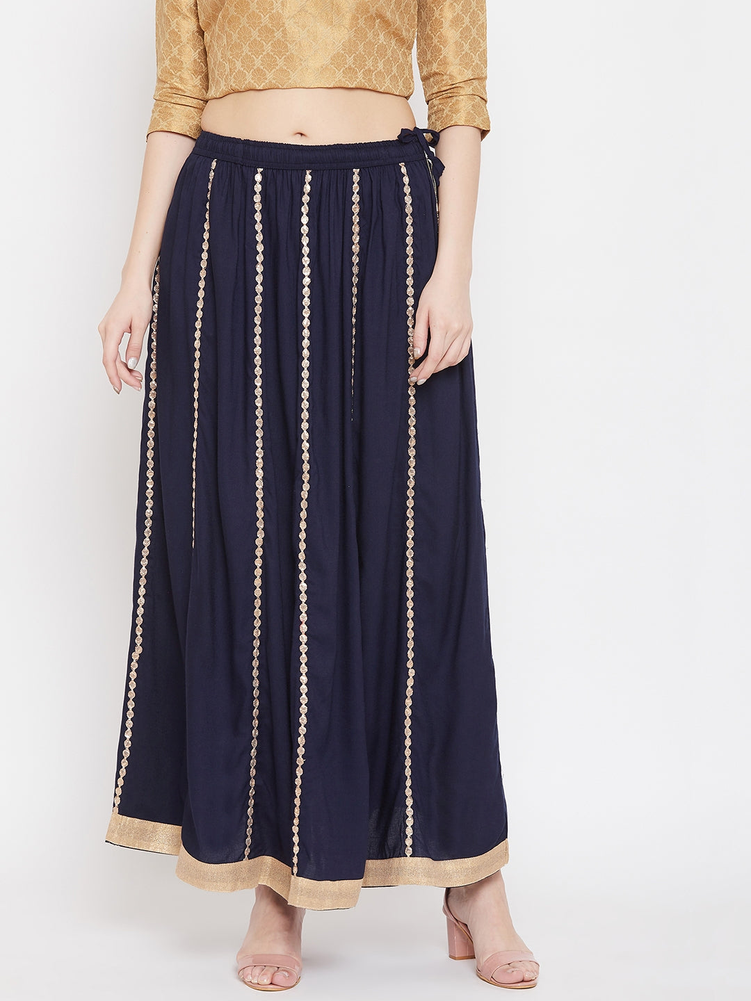 Navy blue flared skirt with Gotta Patti detailing in soft Rayon fabric.