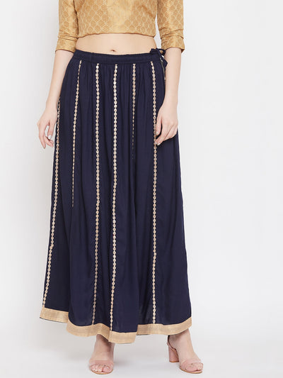 Navy blue flared skirt with Gotta Patti detailing in soft Rayon fabric.