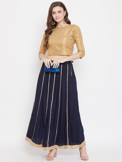 Navy Blue Gotta Patti Flared Skirt in Rayon fabric for women, styled with a blouse and heels.