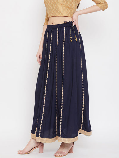 Navy Blue Gotta Patti Flared Skirt in Rayon fabric for women.