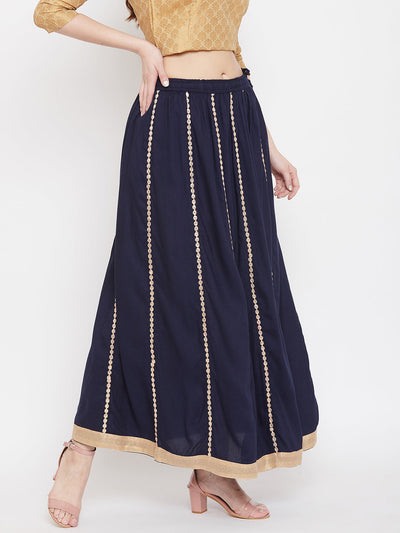 Navy Blue Gotta Patti Flared Skirt for women, Rayon fabric, stylish and comfortable.