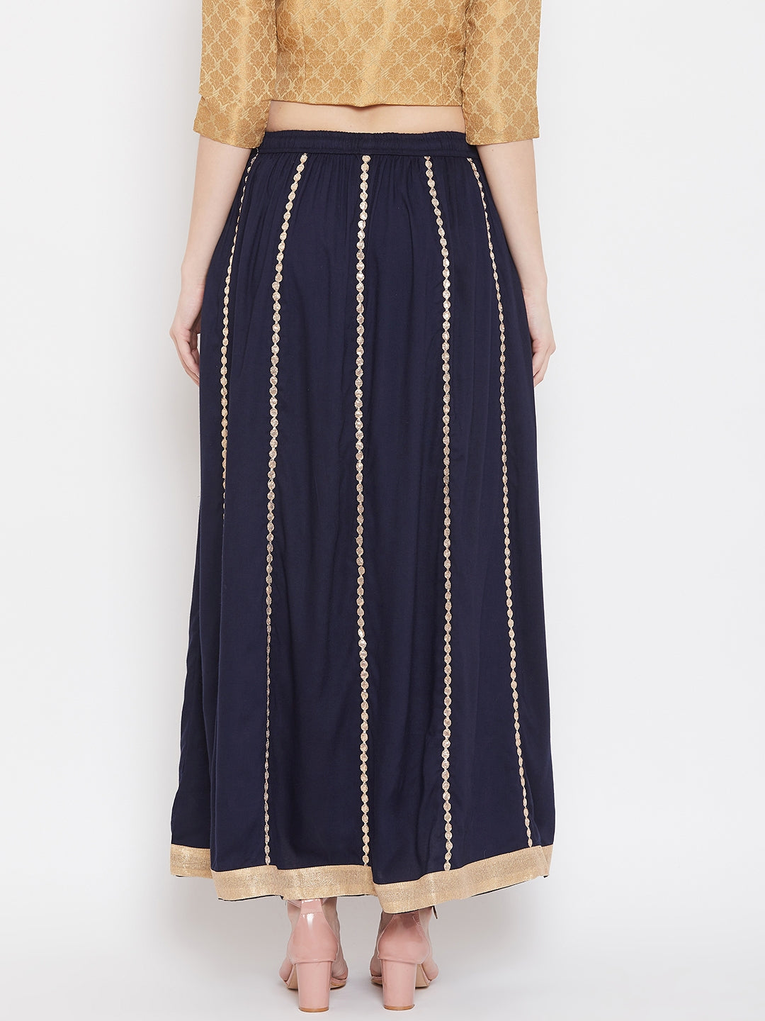 Navy blue gotta patti flared skirt for women in rayon fabric.