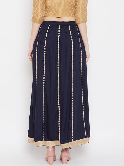 Navy blue gotta patti flared skirt for women in rayon fabric.