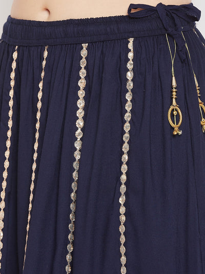 Navy Blue Gotta Patti Flared Skirt made from Rayon fabric with decorative embellishments.