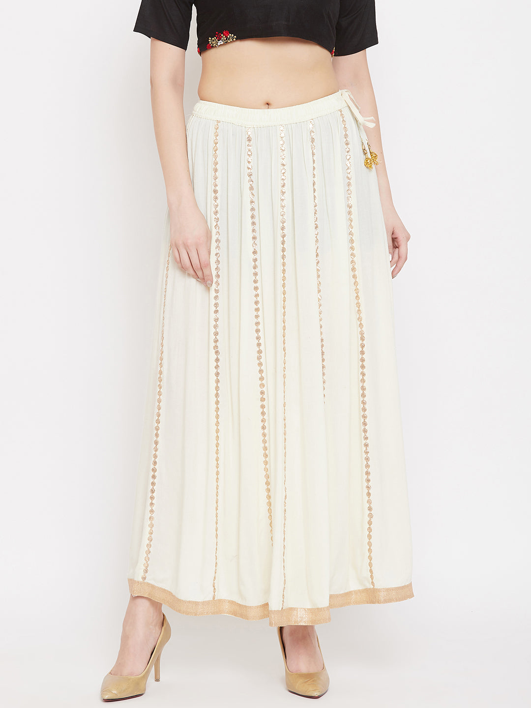 Cream Gotta Patti Flared Skirt made from Rayon fabric for stylish comfort.