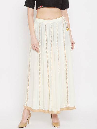 Cream Gotta Patti Flared Skirt made from Rayon fabric for stylish comfort.