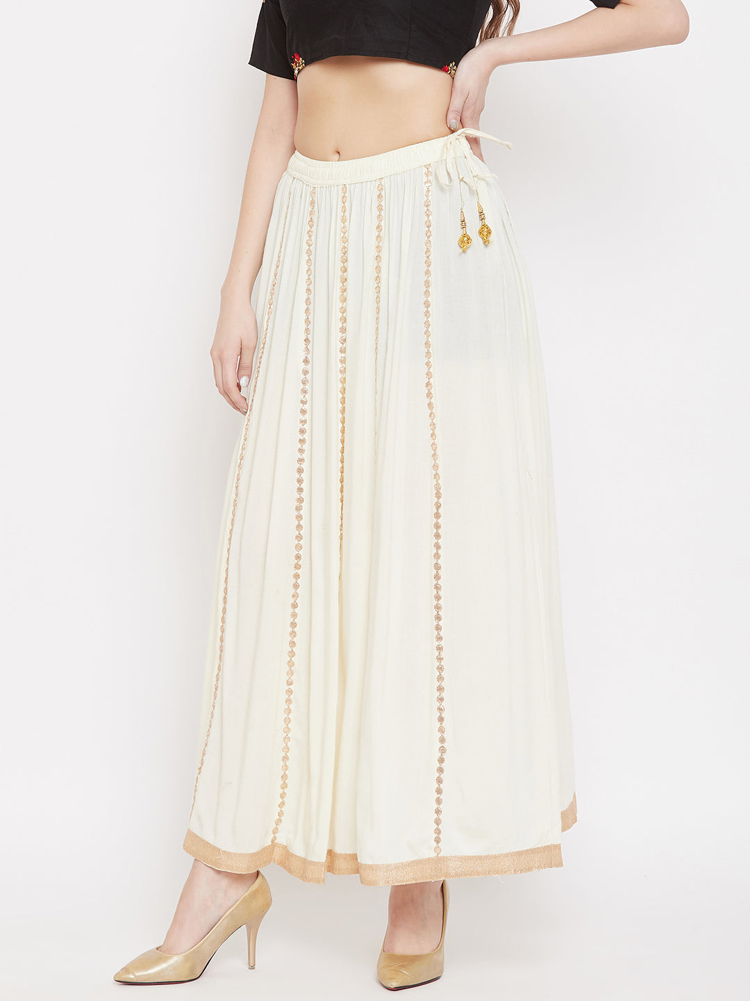 Cream Gotta Patti Flared Skirt from Clora in Rayon fabric.