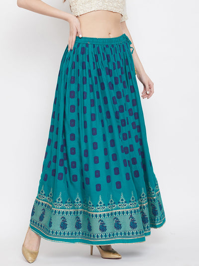Clora Turquoise Flared Printed Skirt