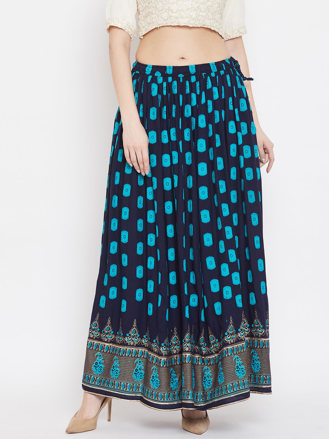 Clora Navy Blue Flared Printed Skirt