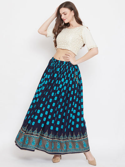 Clora Navy Blue Flared Printed Skirt