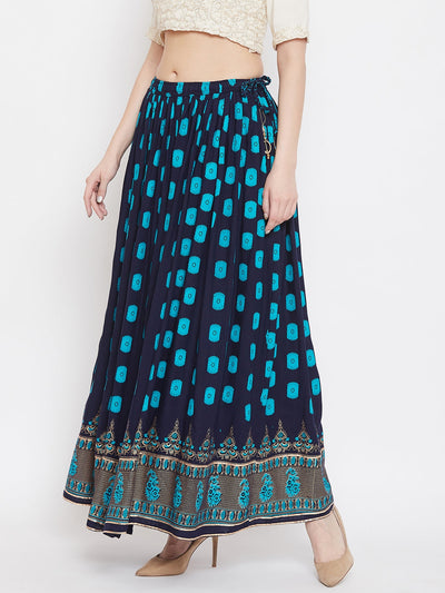 Clora Navy Blue Flared Printed Skirt