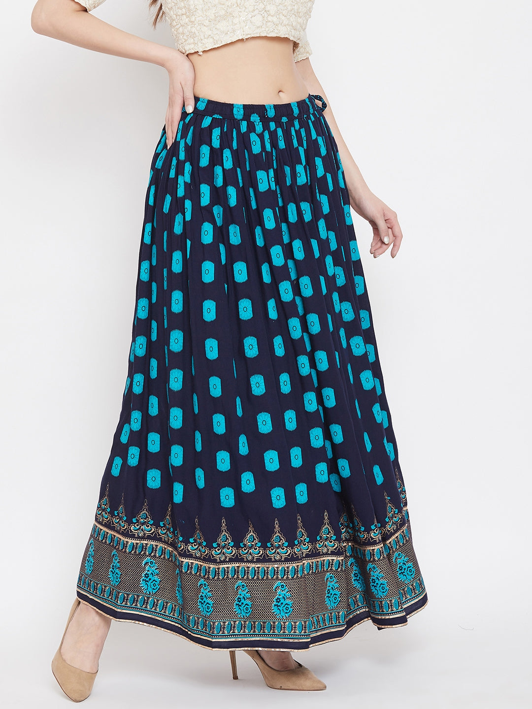 Clora Navy Blue Flared Printed Skirt