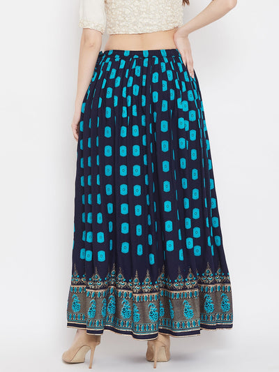 Clora Navy Blue Flared Printed Skirt