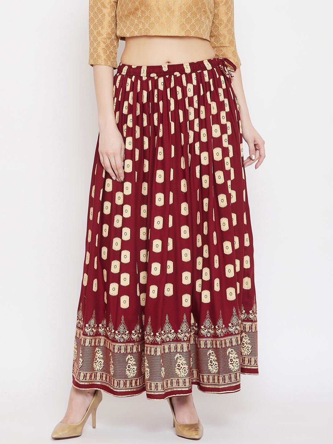 Clora Maroon Flared Printed Skirt