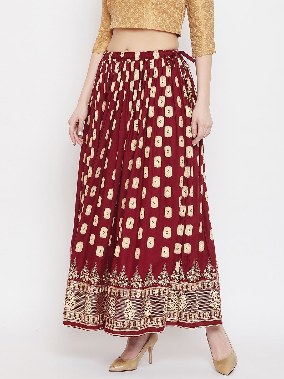 Clora Maroon Flared Printed Skirt