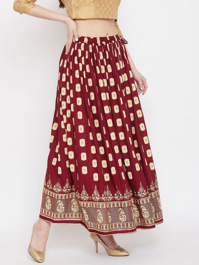 Clora Maroon Flared Printed Skirt