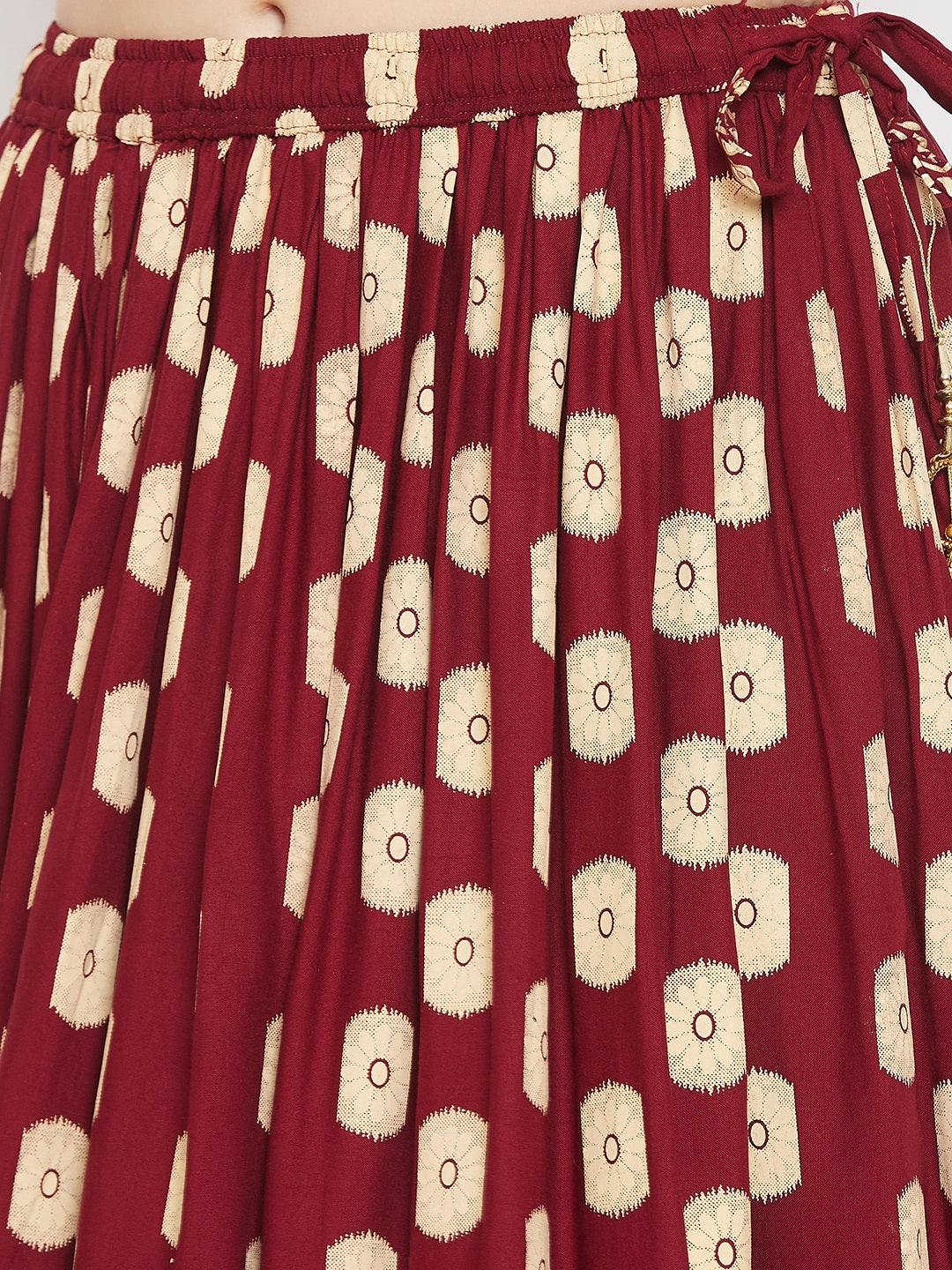 Clora Maroon Flared Printed Skirt