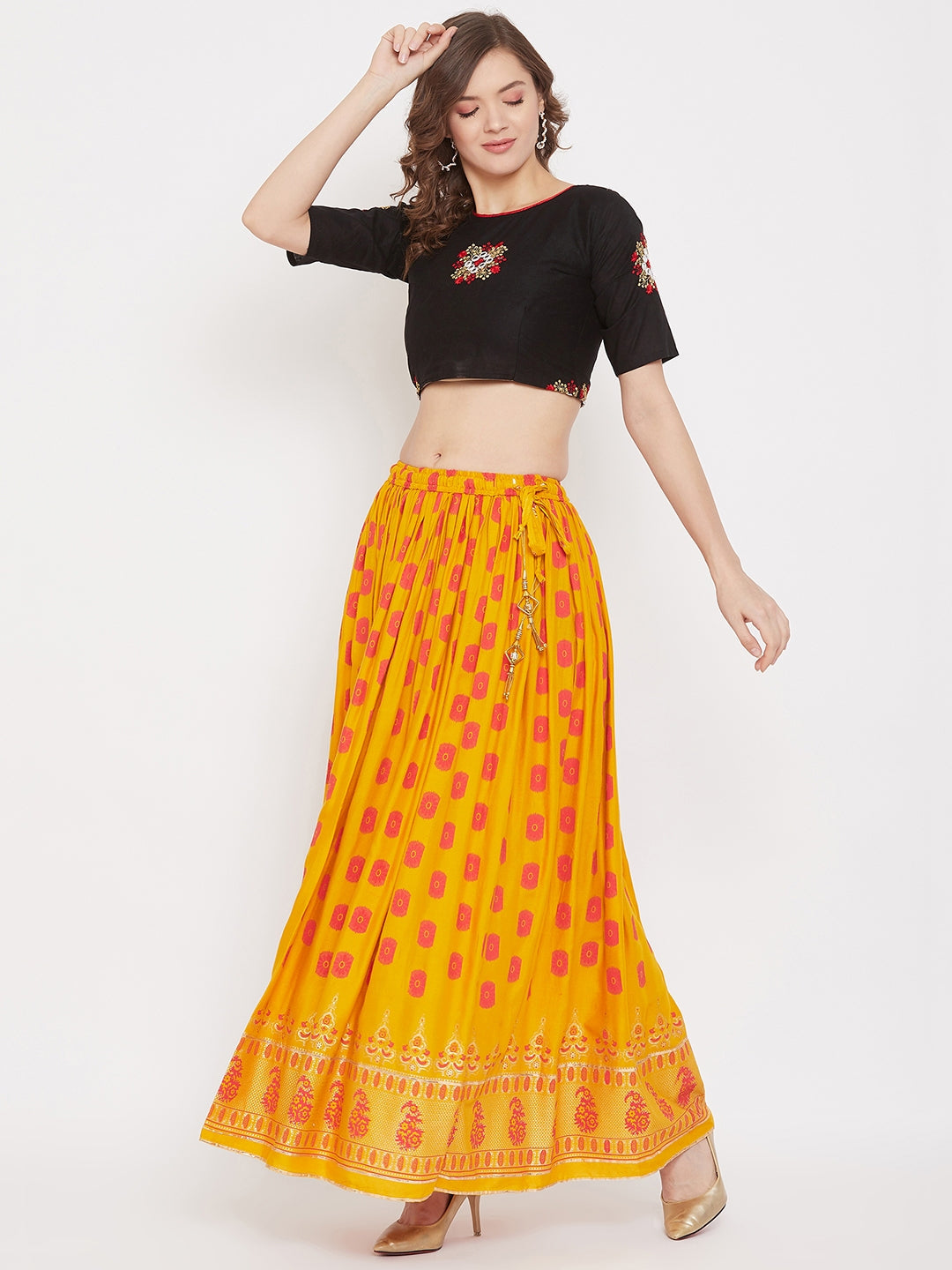 Clora Mustard Flared Printed Skirt
