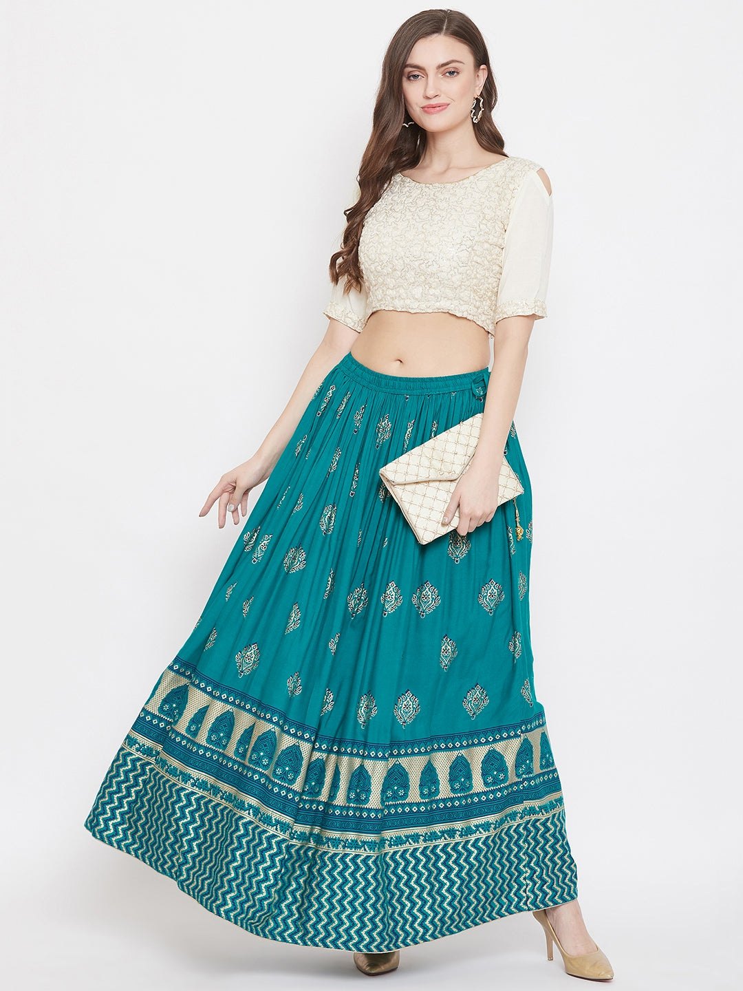 Clora Turquoise Flared Printed Maxi Skirt