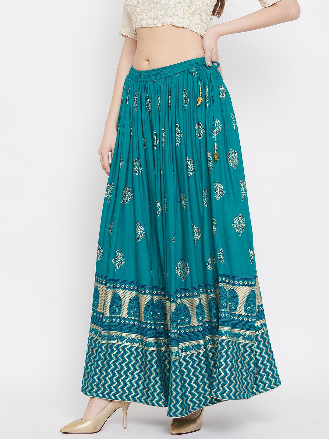 Turquoise Flared Printed Maxi Skirt