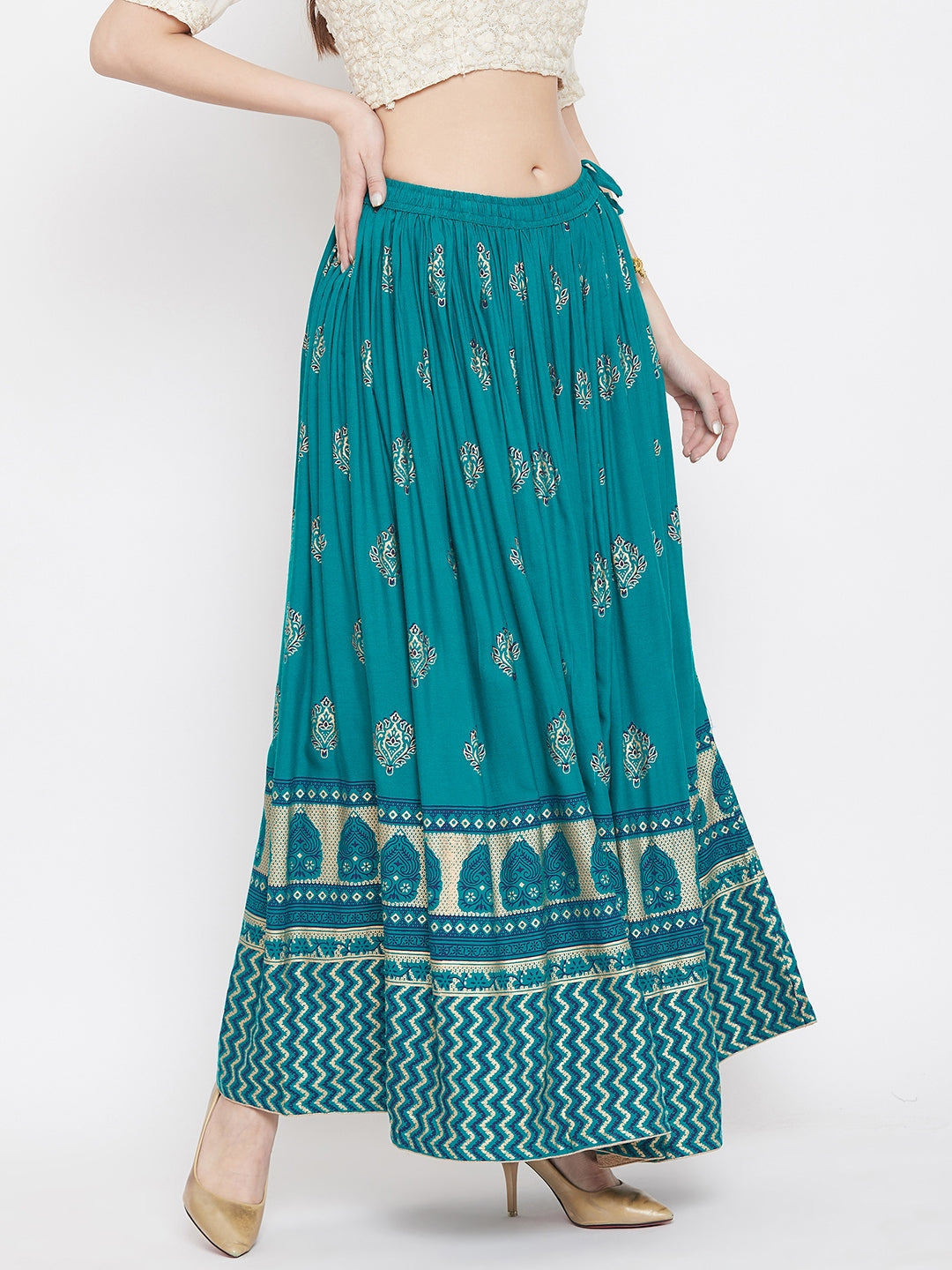 Turquoise Flared Printed Maxi Skirt