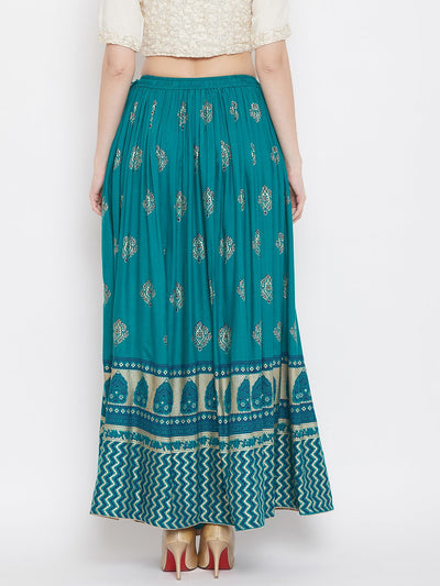 Clora Turquoise Flared Printed Maxi Skirt