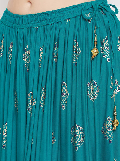 Clora Navy Blue Flared Printed Maxi Skirt