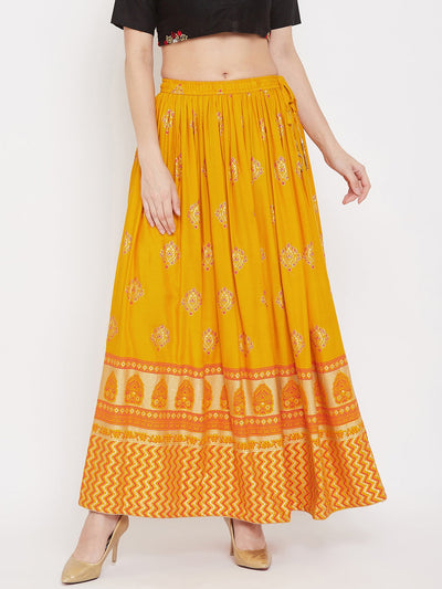 Clora Mustard Flared Printed Maxi Skirt